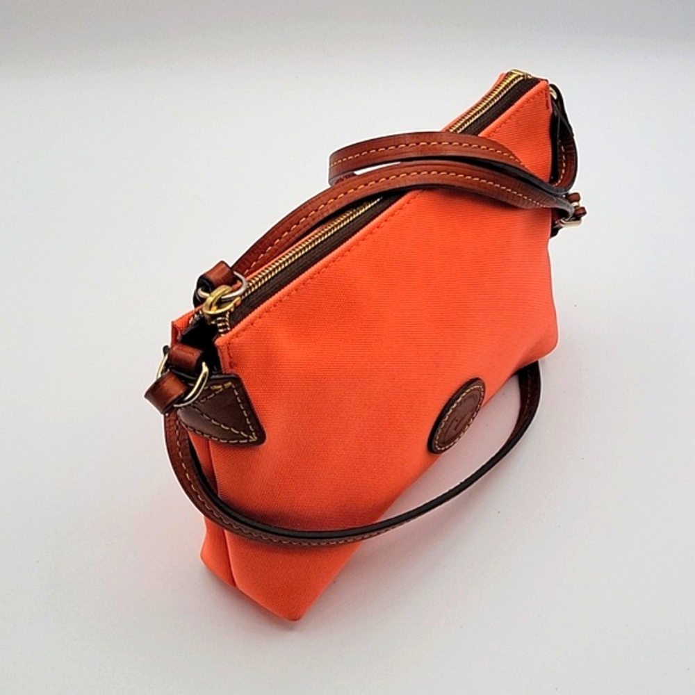 DOONEY & BOURKE Crossbody Tangerine Color Vinyl Material  Brown Leather Strap!
